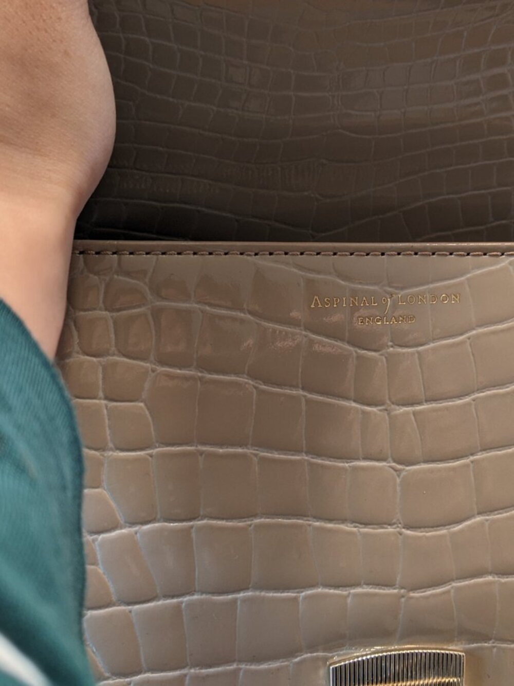 Aspinal of London Mayfair Large Bag Handbag Soft Taupe Patent Croc Beige WOO OWO - Picture 7 of 12
